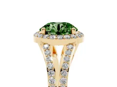 Fancy Green Round Cut Diamond Halo Split Shank Ring Set in Yellow gold with Accent Stones and Prong Setting