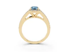 Fancy Blue Emerald Cut Diamond Halo Split Shank Pavé Ring Set in Yellow gold with Prong Setting