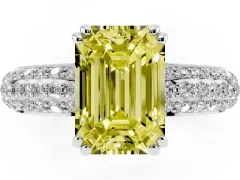 Fancy Yellow Emerald Cut Diamond Solitaire Ring Set in White gold with Multi-Row Round Pavé Band and Prong Setting
