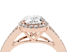 Oval Cut Diamond Halo Split Shank Pavé Ring Set in Rose gold with Prong Setting