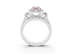 Fancy Pink Oval Cut Diamond Halo Split Shank Ring Set in White gold with Round Accent Stones and Prong Setting