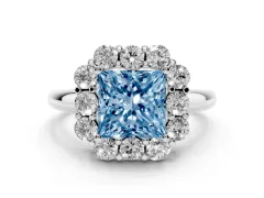 Fancy Blue Princess Cut Diamond Milgrain Halo Solitaire Ring Set in Platinum with Bezel Set Side Stones and Pavé Band