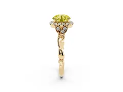 Fancy Yellow Round Cut Diamond Halo Engagement Ring Set in Yellow gold with Vintage-Inspired Band and Prong Setting