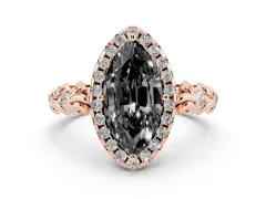 Fancy Black Marquise Cut Diamond Halo Ring Set in Rose gold with Filigree Leaf Band and Prong Setting