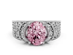 Fancy Pink Oval Cut Diamond Milgrain Halo Pavé Engagement Ring Set in Silver with Prong Setting
