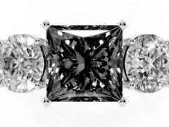 Fancy Black Princess Cut Diamond Three-Stone Ring Set in Platinum with Round Side Stones and Classic Band