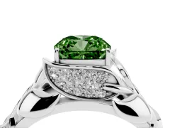 Fancy Green Cushion Cut Diamond Leaf-Inspired Engagement Ring Set in White gold with Round Accents