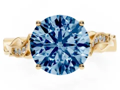 Fancy Blue Round Cut Diamond Vine Band Solitaire Ring Set in Yellow gold with Milgrain Prong Setting