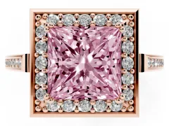 Fancy Pink Princess Cut Diamond Halo Ring Set in Rose gold with Accent-Lined Split Shank and Prong Setting