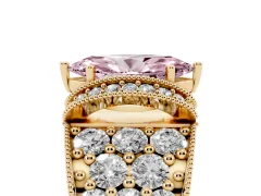 Fancy Pink Marquise Cut Diamond Milgrain Halo Pavé Engagement Ring Set in Yellow gold with Prong Setting