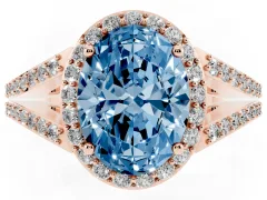 Fancy Blue Oval Cut Diamond Halo Split Shank Pavé Ring Set in Rose gold with Prong Setting