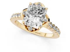 Radiant Cut Diamond Solitaire Ring Set in Yellow gold with Pavé Band and Floral Prong Setting