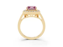 Fancy Pink Asscher Cut Diamond Halo Ring Set in Yellow gold with Accent-Lined Split Shank and Prong Setting