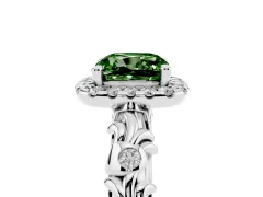 Fancy Green Cushion Cut Diamond Halo Ring Set in White gold with Filigree Leaf Band and Prong Setting