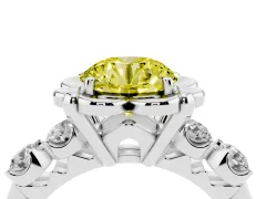Fancy Yellow Round Cut Diamond Floral Halo Ring Set in White gold with Shared Prong Band