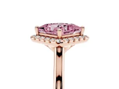Fancy Pink Princess Cut Diamond Halo Engagement Ring Set in Rose gold with Pavé Band and Rising Shoulders