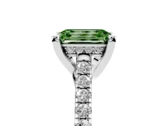 Fancy Green Emerald Cut Diamond Solitaire Ring Set in Silver with Brilliant Pavé Band and Prong Setting