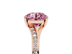 Fancy Pink Round Cut Diamond Solitaire Ring Set in Rose gold with Pavé Accent Band and Classic Prong Setting