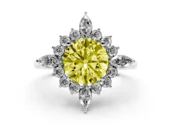 Fancy Yellow Round Cut Diamond Cluster Halo Ring Set in Platinum with Marquise and Round Accents