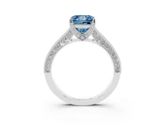 Fancy Blue Princess Cut Diamond Solitaire Ring Set in Silver with Milgrain-Edged Pavé Band and Prong Setting