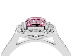 Fancy Pink Emerald Cut Diamond Halo Ring Set in Platinum with Pavé-Lined Shoulders and Prong Setting