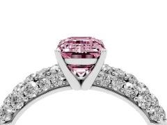 Fancy Pink Emerald Cut Diamond Pavé Band Solitaire Ring Set in White gold with Close-Set Accent Stones and Prong Setting