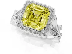 Fancy Yellow Asscher Cut Diamond Halo Ring Set in Silver with Leaf Motif Split Shank and Prong Setting
