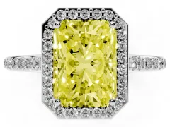 Fancy Yellow Radiant Cut Diamond Halo Engagement Ring Set in White gold with Round Pavé Shoulders and Heart Gallery