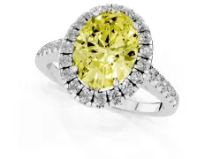 Fancy Yellow Oval Cut Diamond Pavé Halo Engagement Ring Set in White gold with Pavé Band and Prong Setting