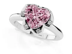 Fancy Pink Heart Cut Diamond Round Cluster Halo Ring Set in Silver with Solitaire Band and Prong Setting