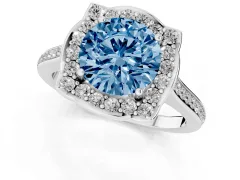 Fancy Blue Round Cut Diamond Halo Ring Set in Silver with Pavé-Lined Shoulders and Prong Setting