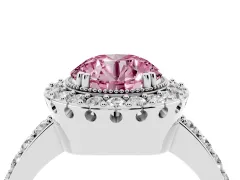 Fancy Pink Round Cut Diamond Halo Ring Set in White gold with Pavé Shank and Prong Setting