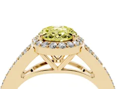 Fancy Yellow Oval Cut Diamond Halo Split Shank Pavé Ring Set in Yellow gold with Prong Setting