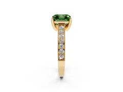 Fancy Green Asscher Cut Diamond Solitaire Ring Set in Yellow gold with Milgrain-Edged Pavé Band and Prong Setting
