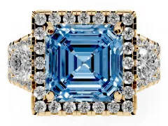 Fancy Blue Asscher Cut Diamond Halo Split Shank Ring Set in Yellow gold with Round Accent Stones and Prong Setting