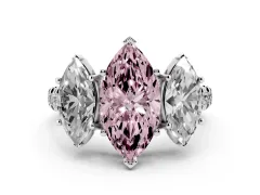 Fancy Pink Marquise Cut Diamond Three-Stone Ring Set in White gold with Pavé Band