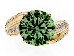 Fancy Green Round Cut Diamond Solitaire Ring Set in Yellow gold with Layered Twist Pavé Band