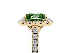 Fancy Green Princess Cut Diamond Pavé Halo Engagement Ring Set in Yellow gold with Pavé Band and Prong Setting