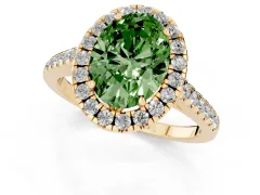 Fancy Green Oval Cut Diamond Pavé Halo Engagement Ring Set in Yellow gold with Pavé Band and Prong Setting