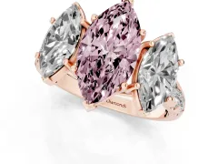 Fancy Pink Marquise Cut Diamond Three-Stone Ring Set in Rose gold with Pavé Band