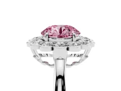 Fancy Pink Round Cut Diamond Halo Cluster Engagement Ring Set in Platinum with Solitaire Band and Prong Setting