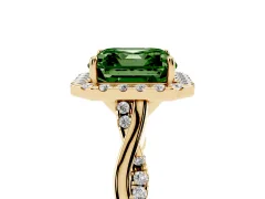 Fancy Green Asscher Cut Diamond Halo Twist Band Solitaire Ring Set in Yellow gold with Prong Setting