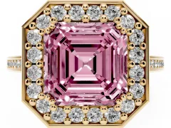 Fancy Pink Asscher Cut Diamond Halo Ring Set in Yellow gold with Accent-Lined Split Shank and Prong Setting