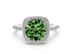 Fancy Green Round Cut Diamond Halo Engagement Ring Set in White gold with Round Pavé Shoulders and Heart Gallery