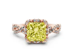 Fancy Yellow Princess Cut Diamond Halo Twist Band Solitaire Ring Set in Rose gold with Prong-Set Center Stone