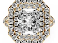 Radiant Cut Diamond Double Halo Ring Set in Yellow gold with Pavé Split Shank and Prong Setting