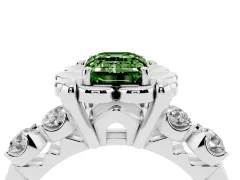 Fancy Green Emerald Cut Diamond Floral Halo Ring Set in Platinum with Shared Prong Band