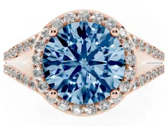 Fancy Blue Round Cut Diamond Halo Split Shank Ring Set in Rose gold with Accent Stones and Prong Setting