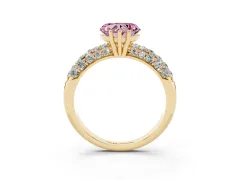 Fancy Pink Heart Cut Diamond Pavé Band Solitaire Ring Set in Yellow gold with Close-Set Accent Stones and Prong Setting
