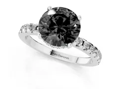 Fancy Black Round Cut Diamond Pavé Solitaire Ring Set in Platinum with Round Band Accents and Prong Setting